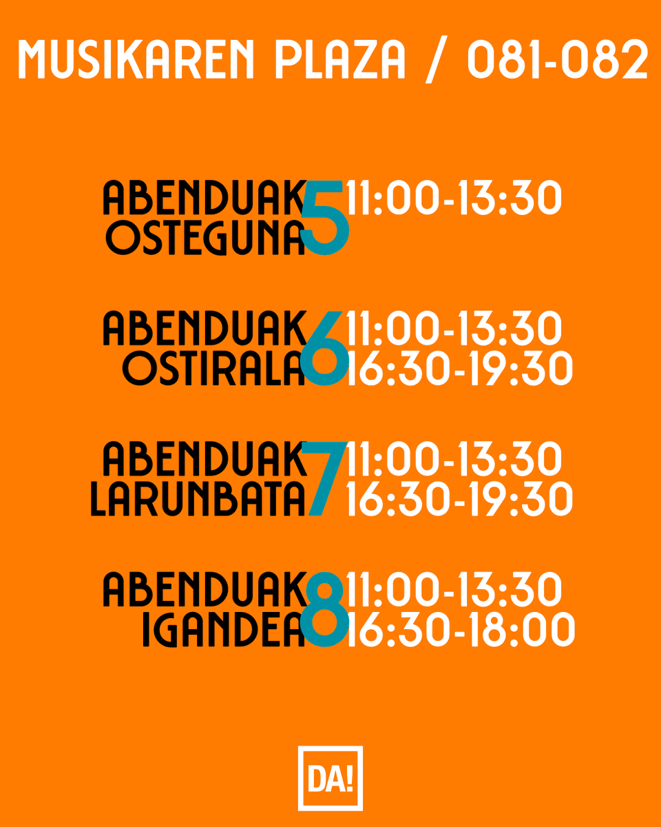 Gure standa azokako egun eta ordu guztietan zabalik egongo bada ere
Gatibu taldeko musikariak tarte hauetan izango gara bertan.

Zuen zain egongo gara Musikaren plazan, 081-082! 🗃️✨

#AgurEsanBarik2025  #59DA #KulturarenPlaza #DurangokoAzoka