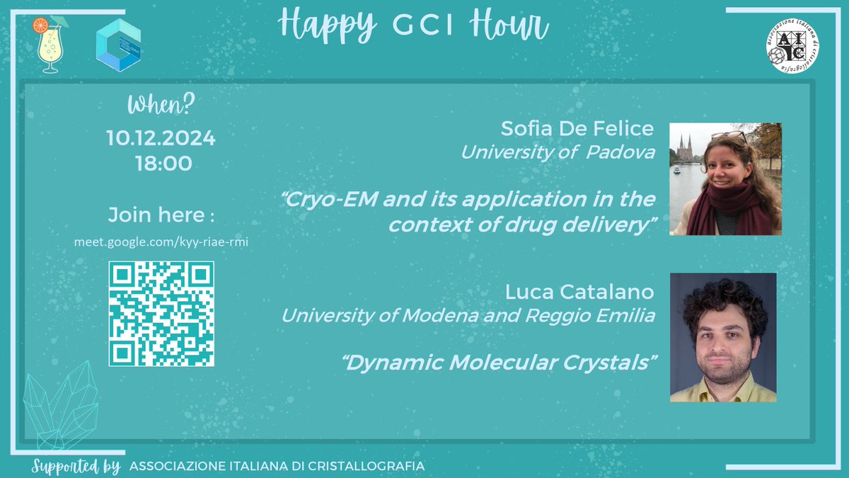 Associazione Italiana Cristallografia (@aicryst) on Twitter photo Join the <a href="/GCI_AIC/">Giovani Cristallografi Italiani</a> for the fourth and last webinar of Happy GCI Hours on December 10 at 18:00! The speakers are Sofia De Felice from the University of Padova and Luca Catalano from the University of Modena and Reggio Emilia.
meet.google.com/kyy-riae-rmi Join the <a href="/GCI_AIC/">Giovani Cristallografi Italiani</a> for the fourth and last webinar of Happy GCI Hours on December 10 at 18:00! The speakers are Sofia De Felice from the University of Padova and Luca Catalano from the University of Modena and Reggio Emilia.
meet.google.com/kyy-riae-rmi