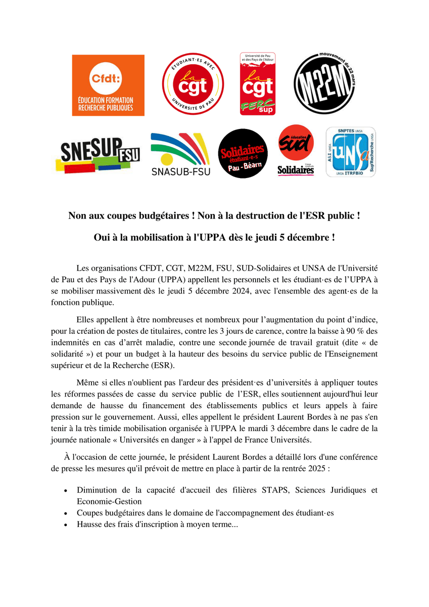 SamuelLegris's tweet photo. 🔴 Non aux coupes budgétaires ! Non à la destruction de l'ESR public ! Oui à la mobilisation à l'@universite_uppa dès le jeudi 5 décembre !
L'intersyndicale appelle demain :
👉 à participer à la grève et aux manifestations (à #Pau, 10h30 place Verdun)
👉 à se réunir en AG à 14h https://t.co/O3LExIXXnU
