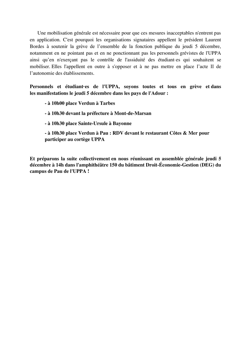 SamuelLegris's tweet photo. 🔴 Non aux coupes budgétaires ! Non à la destruction de l'ESR public ! Oui à la mobilisation à l'@universite_uppa dès le jeudi 5 décembre !
L'intersyndicale appelle demain :
👉 à participer à la grève et aux manifestations (à #Pau, 10h30 place Verdun)
👉 à se réunir en AG à 14h https://t.co/O3LExIXXnU