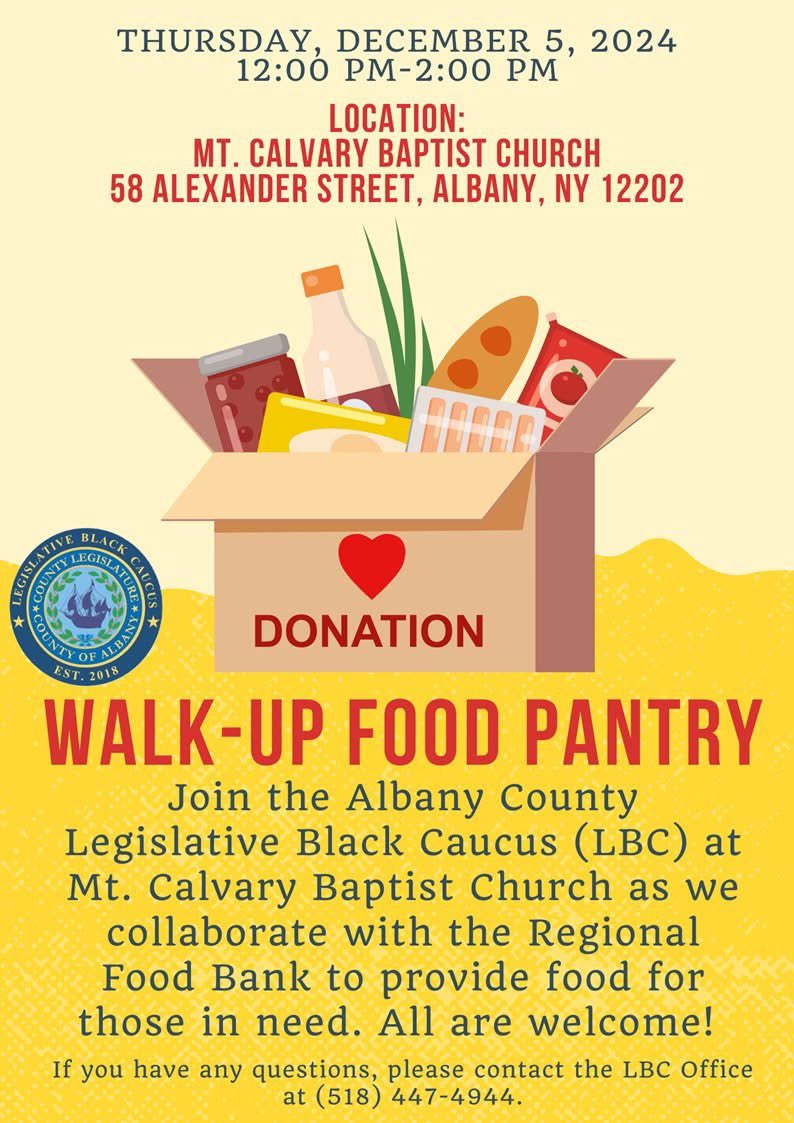 Join the Albany County LBC for a Walk-Up Food Pantry Distribution

🗓️ 12/05
⏰ 12-2 PM
📍Mt. Calvary Baptist Church, 58 Alexander St, Albany, NY 12202

If you'd like to help, volunteers are encouraged to arrive at the church by 11 AM. 

📧AlbanyCountyLBC@albanycountyny.gov