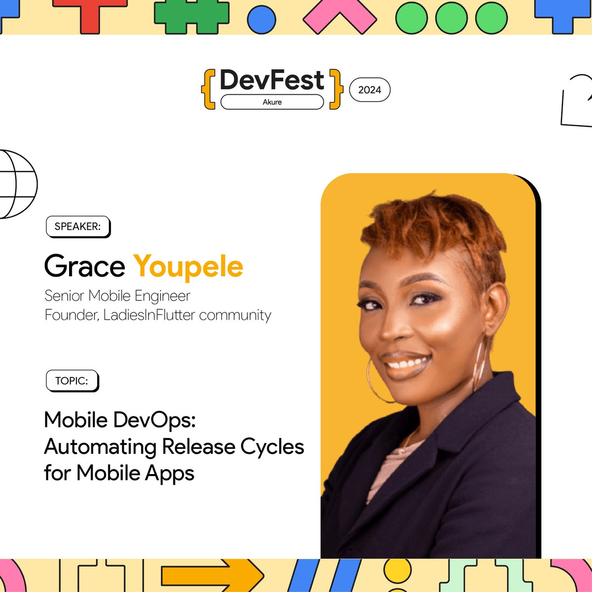 gdg_akure's tweet image. Join Grace Youpele, founder of @LadiesInFlutter and a @WomenTechmakers Ambassador as she speaks on “Mobile DevOps: Automating Release Cycles for Mobile Apps” at #DevfestAkure24
Don’t miss her insights on streamlining mobile development. Get your ticket 🎟️ linktr.ee/gdg_akure