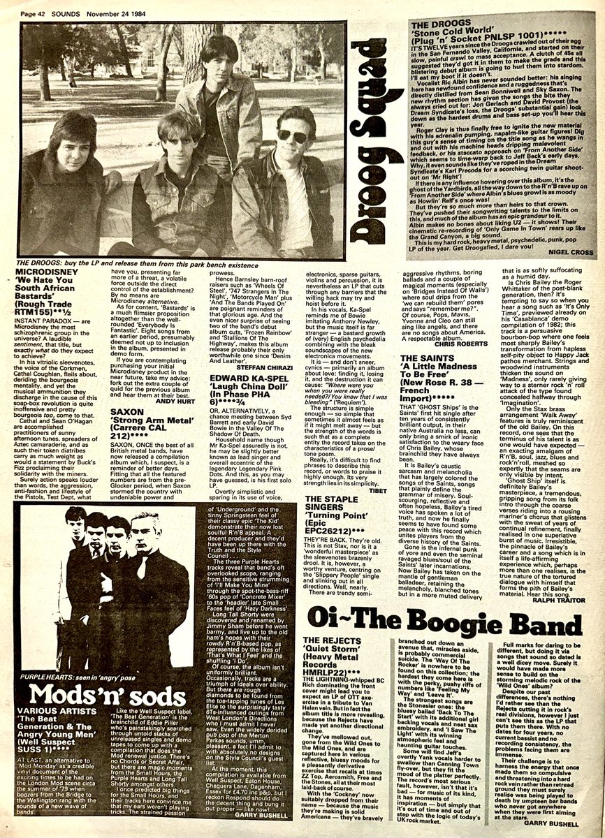 ZoundsAbound's tweet photo. A glut of fab LP reviews this week for #DalisCar, #BoydRice & #FrankTovey, #TheEnid, #Airrace, @petewylie #TheNomads, #VDO, #TheRoom, @SaxonOfficial #EdwardKaSpel #TheSaints #TheDroogs & #OkuOnuoraAndAK7
Nowt below 4⭐️ here!
Sounds Nov 24th 1984 https://t.co/hPZxoDTh0k