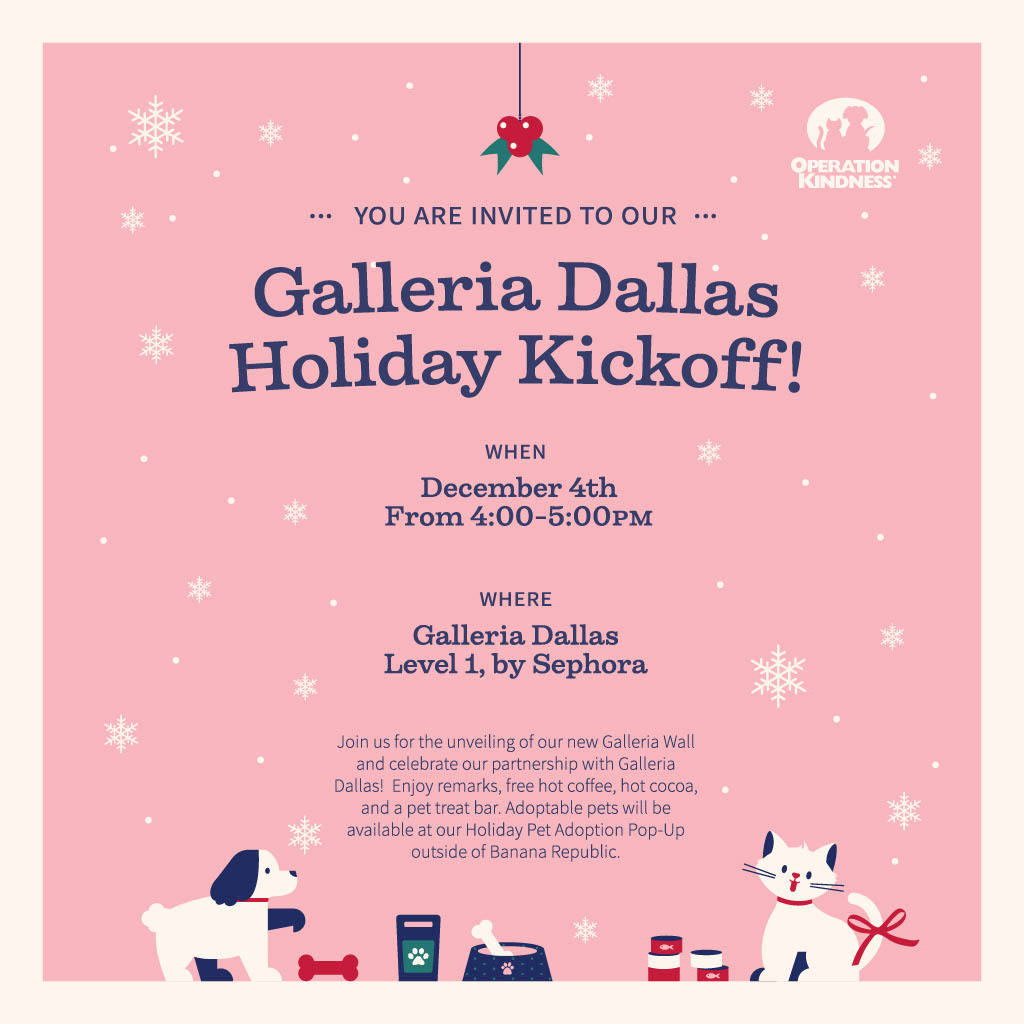 Join us for the unveiling of our new Galleria Wall today from 4:00-5:00 PM as we celebrate our partnership with Galleria Dallas!⁠
⁠
Enjoy remarks from our CEO, free hot coffee, hot cocoa, and a pet treat bar to take home for your furry friends.

See you there! ❤️🎄
⁠