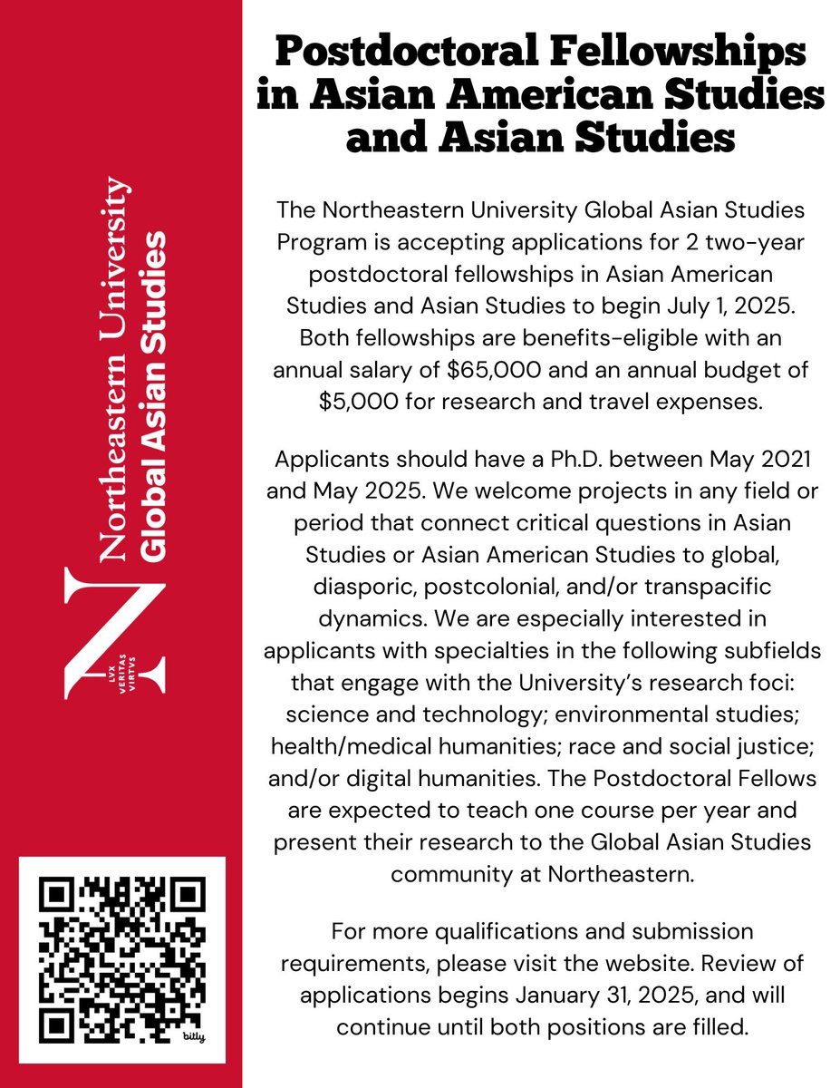 #Northeastern Global Asian Studies Program announces TWO inaugural two-year postdoctoral fellowships—one in Asian American Studies, one in Asian Studies. More information and link to application below. Please circulate widely. Thank you! northeastern.wd1.myworkdayjobs.com/careers/job/Bo…