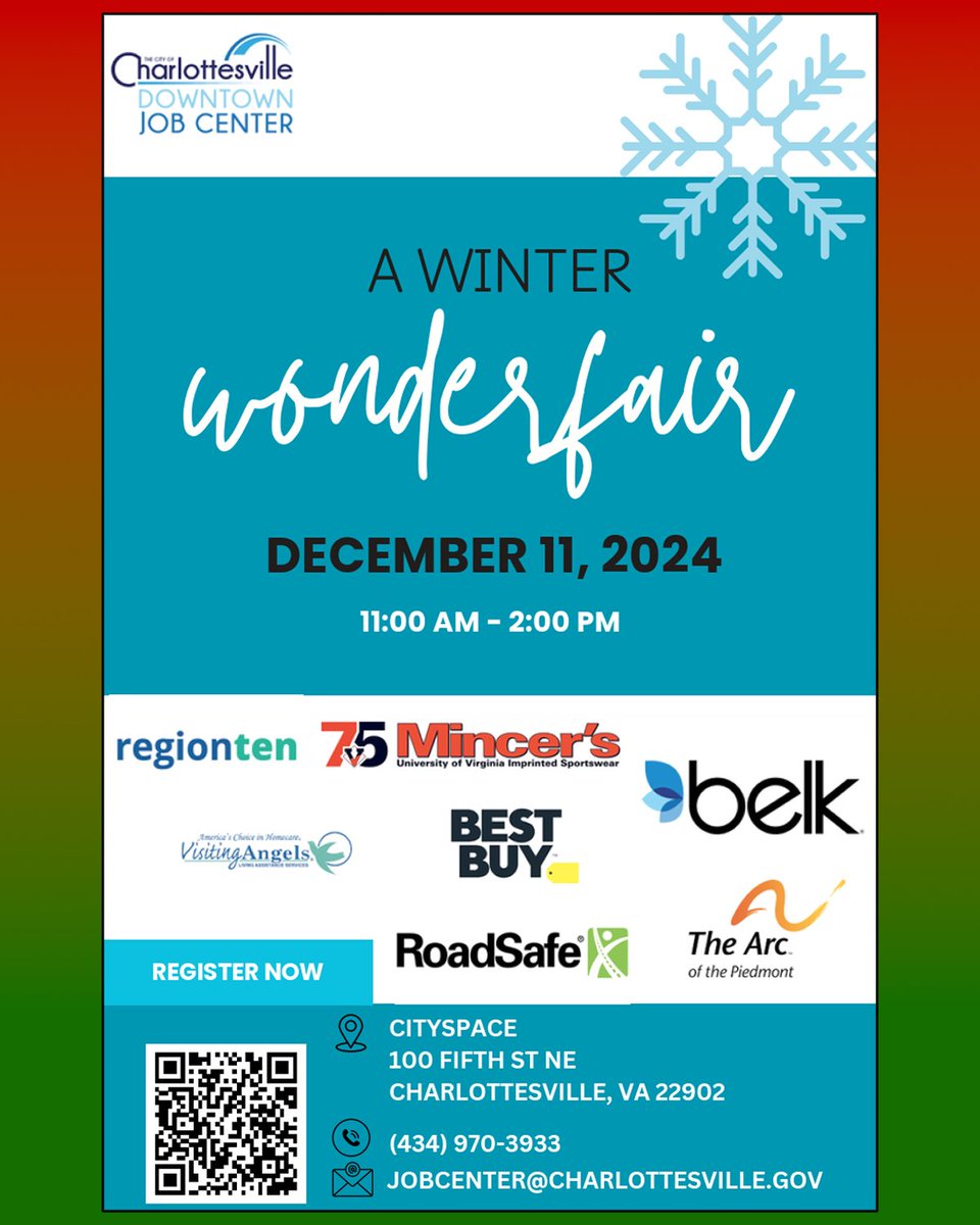 Calling all jobseekers!  Make plans to attend the City of Charlottesville Downtown Job Center’s Winter WonderFair – a small job fair event on December 11th from 11am-2pm at City Space. Register today at form.jotform.com/243126308275050.