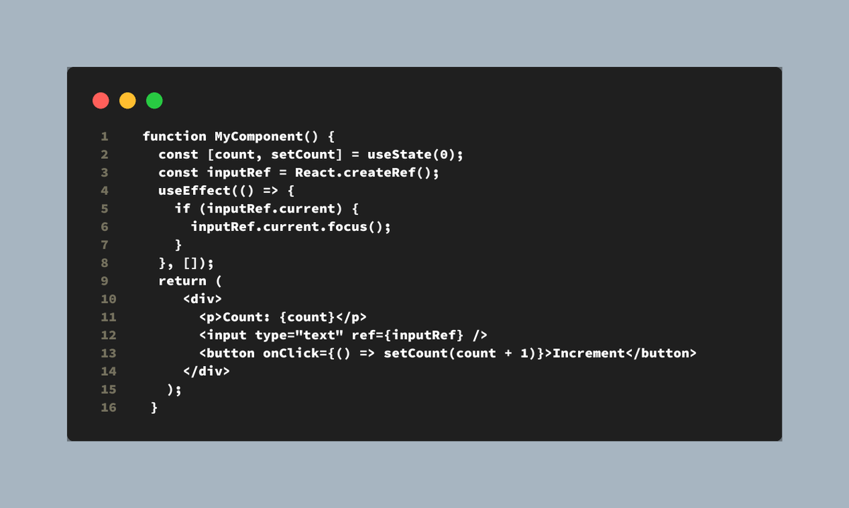 i_amrrs's tweet photo. Did you know? You can use refs to preserve DOM state between renders in React! 
Example:

#ReactJS #HiddenFeatures #WebDevelopment #JavaScript #ComponentLifecycle #UseEffect #Refs #DOMManipulation #StateManagement #PerformanceOptimization https://t.co/EN8uhNRNWo