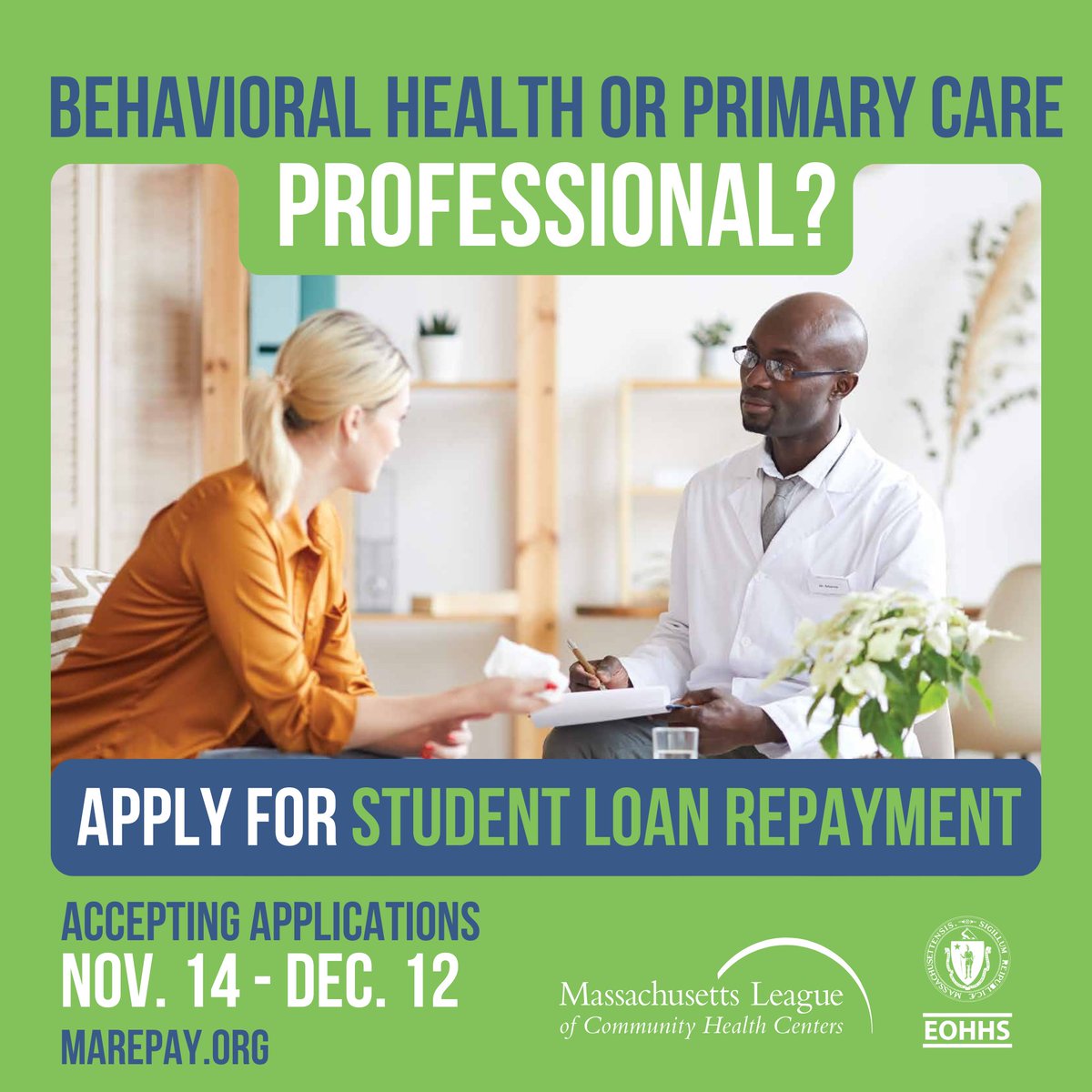 Are you a behavioral health or primary care professional with student loans? Do you serve MassHealth or uninsured patients in MA? If you commit to 4 years of service in an eligible setting, you may qualify for student loan repayment! Marepay.com 
#MARepay #StudentDebt