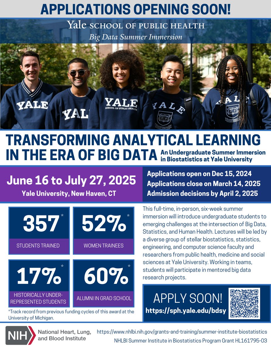 Fan Li (@fanli90) on Twitter photo Ready to transform your analytical skills in the BIG data era? Join us at <a href="/YaleSPH/">Yale School of Public Health</a> for the Big Data Summer Immersion program! This 6-week program introduces undergraduate students to cutting-edge challenges in Big Data, Statistics, and Human Health. Applications open on Dec 15. Ready to transform your analytical skills in the BIG data era? Join us at <a href="/YaleSPH/">Yale School of Public Health</a> for the Big Data Summer Immersion program! This 6-week program introduces undergraduate students to cutting-edge challenges in Big Data, Statistics, and Human Health. Applications open on Dec 15.