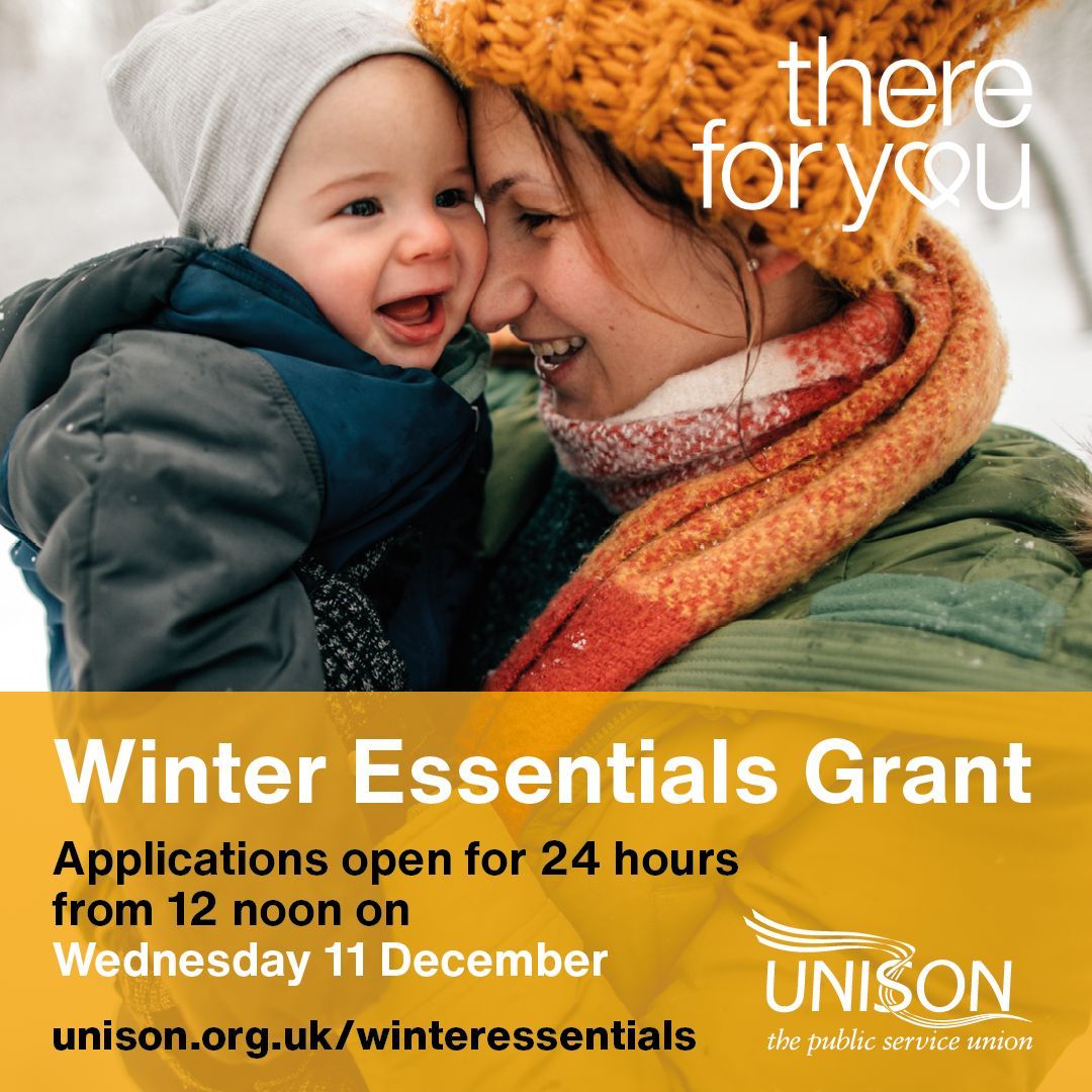 🌟 Great news for UNISON members! UNISON’s Winter Essentials Grant offers £200 vouchers for food shopping. 

Open for just 24 hours on 11 Dec! Check eligibility now 👉 unison.org.uk/winteressentia… #ThereForYou #WinterEssentials