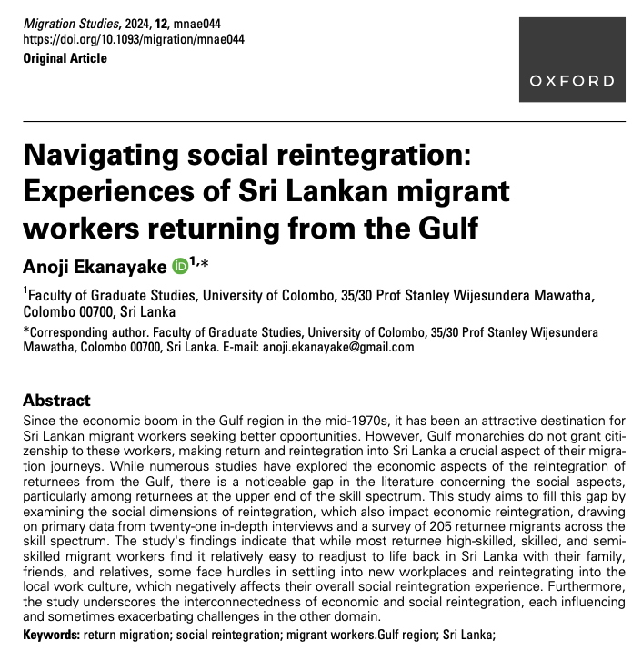 Migration Studies (@migrationjrnl) on Twitter photo How do Sri Lankan returnees from the Gulf region navigate social and economic reintegration, and how are these dimensions interconnected? Through interviews and survey data, <a href="/anoji_ek/">Anoji Ekanayake</a> uncovers the challenges they face in our latest issue.
doi.org/10.1093/migrat… How do Sri Lankan returnees from the Gulf region navigate social and economic reintegration, and how are these dimensions interconnected? Through interviews and survey data, <a href="/anoji_ek/">Anoji Ekanayake</a> uncovers the challenges they face in our latest issue.
doi.org/10.1093/migrat…