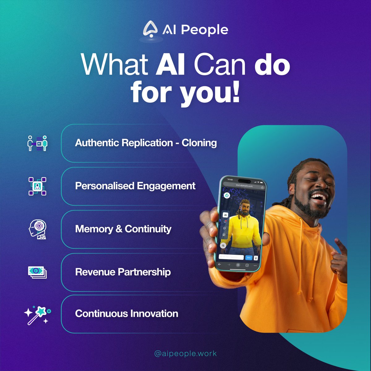 _AIPeople_'s tweet image. With continuous innovation, we keep you at the forefront of the influencer landscape, ensuring your legacy grows without limits.

#aipeople #legacythroughai #knowledgepreservation #Innovation #FutureReady