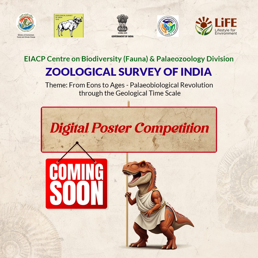 ZoologicalI's tweet photo. EIACP Centre on Biodiversity (Fauna) & Palaeozoology Division, ZSI is organizing a Digital Poster Competition. Attractive prizes and participation certificate for all. #DigitalPosterCompetition #Paleobiology #geology #FossilScience #CreativeChallenge https://t.co/7tiGEWlPDk