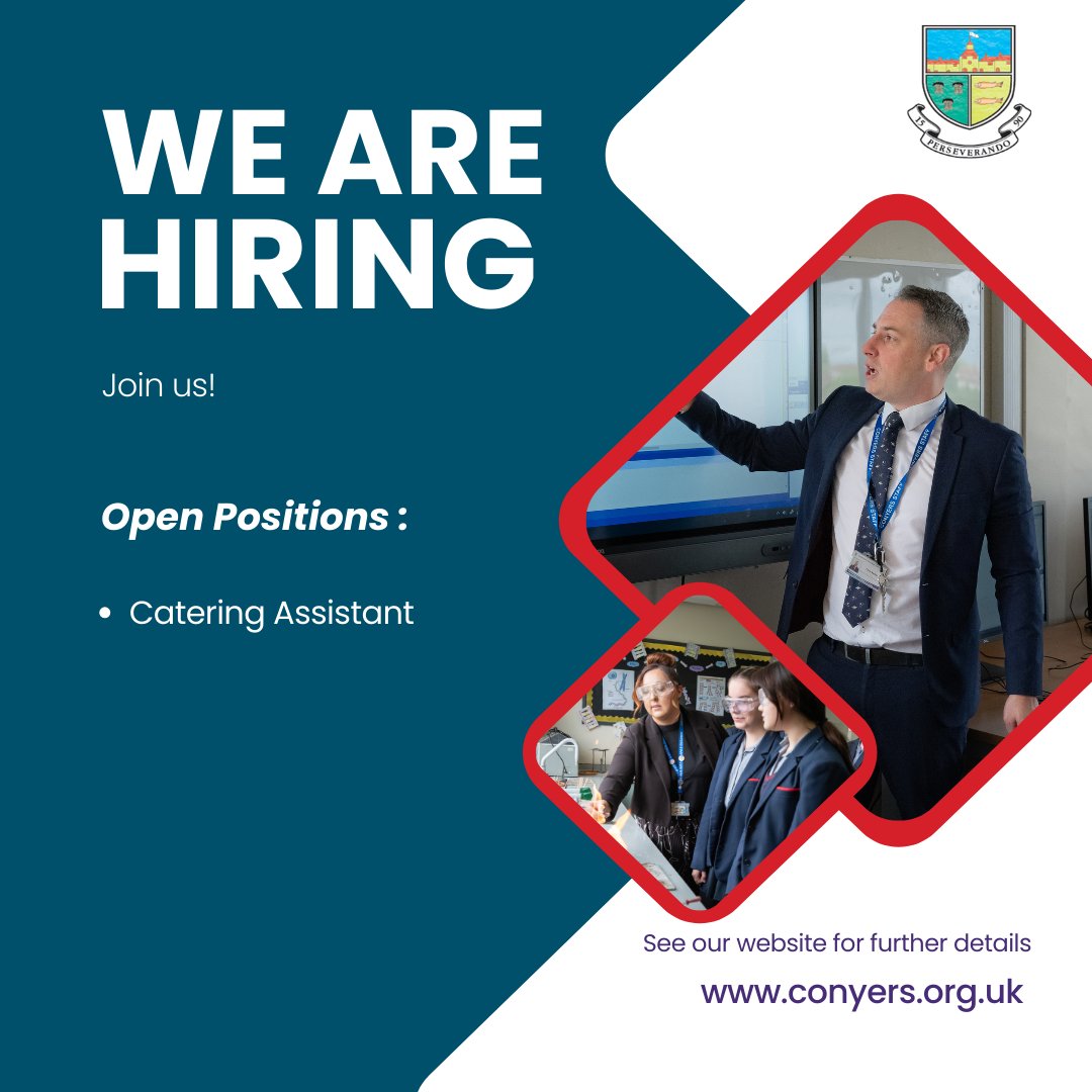 🚨 We’re Hiring! 🚨
We require a catering assistant to work 20 hrs per week.
If you have the skills and commitment to contribute to Conyers School, please see our website, conyers.org.uk to download an application pack.
#WeAreConyers