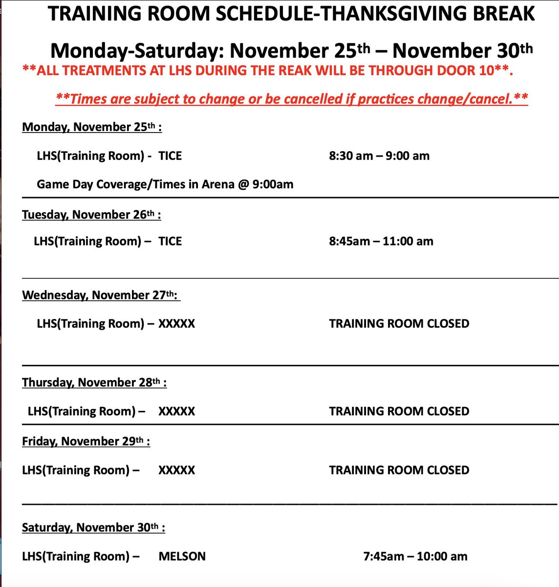 Hey there Fighting Farmers! 
Happy Thanksgiving! 
There are limited times available for treatments next week! If you are needing treatment make sure to take note of the date / time/ and door!