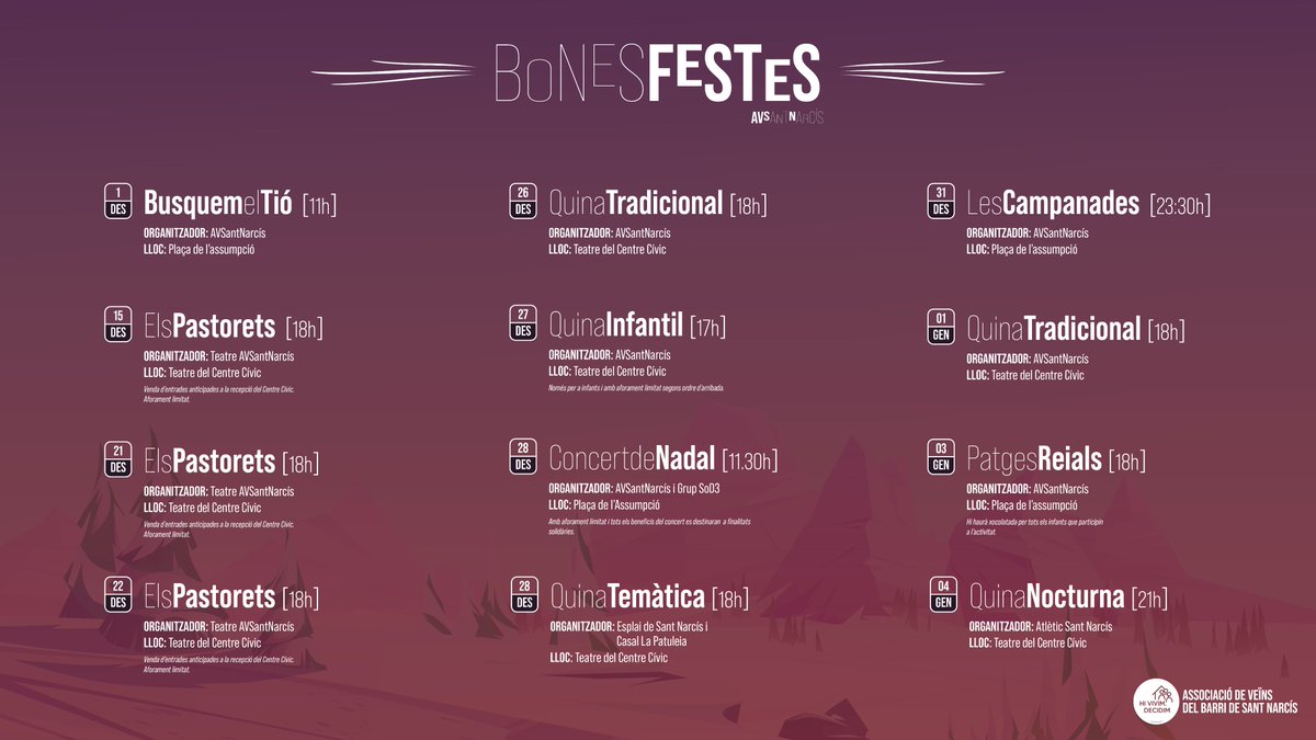 Us anunciem la programació de les activitats de Nadal de l'AVSantNarcís

#PerNadalcadaovellaaSantNarcís