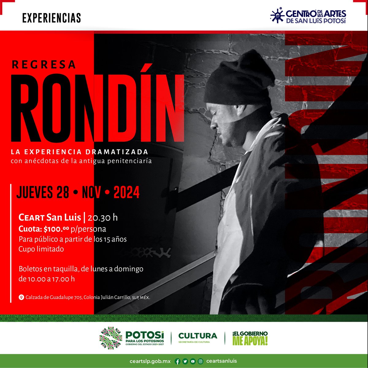 seculturaslp's tweet photo. 🌓 🏰  Regresa las Noches de recorridos RONDÍN en el @CEARTSLP
Vive una experiencia dramatizada con anécdotas de la antigua penitenciaría.

📅 Jueves 28 de noviembre ⏰ 20:30 h
🎟 Cuota $100 por persona (+mayores de 15 años/Cupo limitado)
🎫Boletos en taquilla del #CEARTSLP https://t.co/ECZNGEAglx
