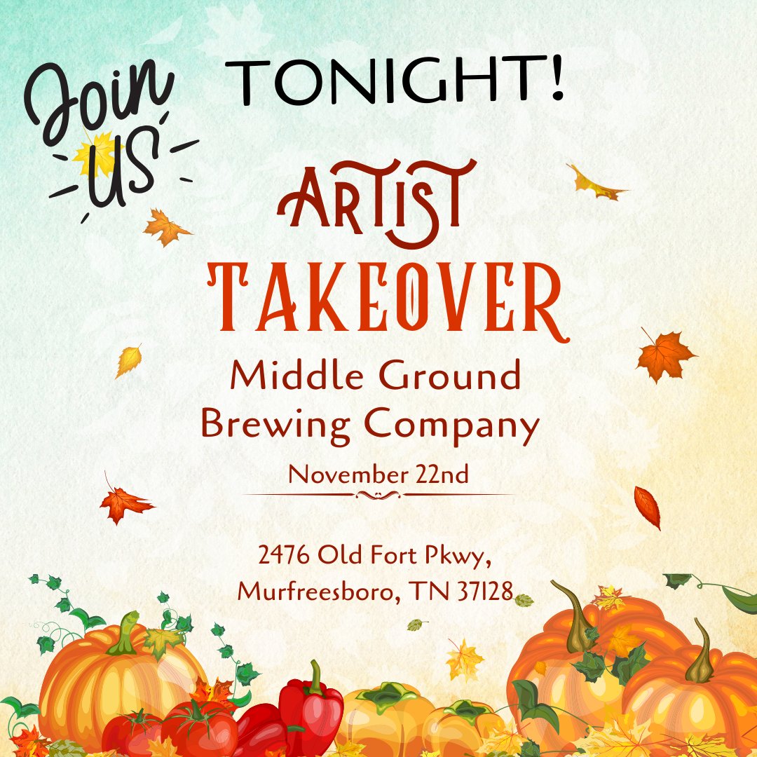 Looking for something fun to do tonight? Join us at  Middle Ground Brewing Company in Murfreesboro! Meet local artists, enjoy delicious craft beers, and connect with others in a relaxed, creative atmosphere.
