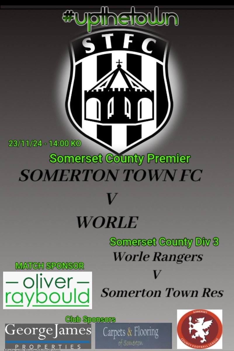Somerton Town FC.⚫️⬜️⚫️ (@somertontownfc) on Twitter photo This weekends fixtures are kindly sponsored by Oliver Raybould.
<a href="/Worle_FC/">Worle FC</a> <a href="/swsportsnews/">South West Sports News</a> <a href="/somersetcfl/">Somerset County FL</a> This weekends fixtures are kindly sponsored by Oliver Raybould.
<a href="/Worle_FC/">Worle FC</a> <a href="/swsportsnews/">South West Sports News</a> <a href="/somersetcfl/">Somerset County FL</a>