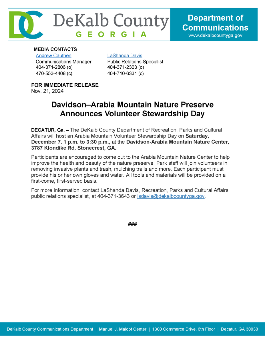 Davidson–Arabia Mountain Nature Preserve Announces Volunteer Stewardship Day