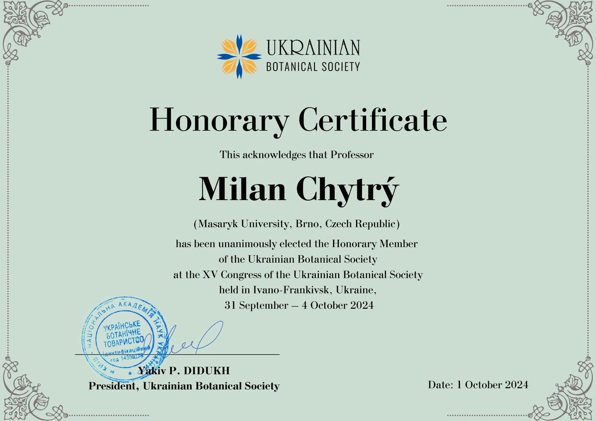 It is a great honour for me to be elected an honorary member of the Ukrainian Botanical Society - a community of outstanding scientists who continue their work even though they and their country have to pay a terrible toll for their desire to live in freedom and democracy. I am