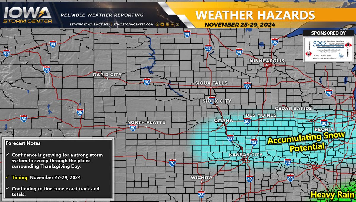 A strong pacific storm system will bring an accumulating snow risk to the central plains/OH valley surrounding Thanksgiving Day. Continue to check back as we fine-tune the exact track, timing, and totals.
