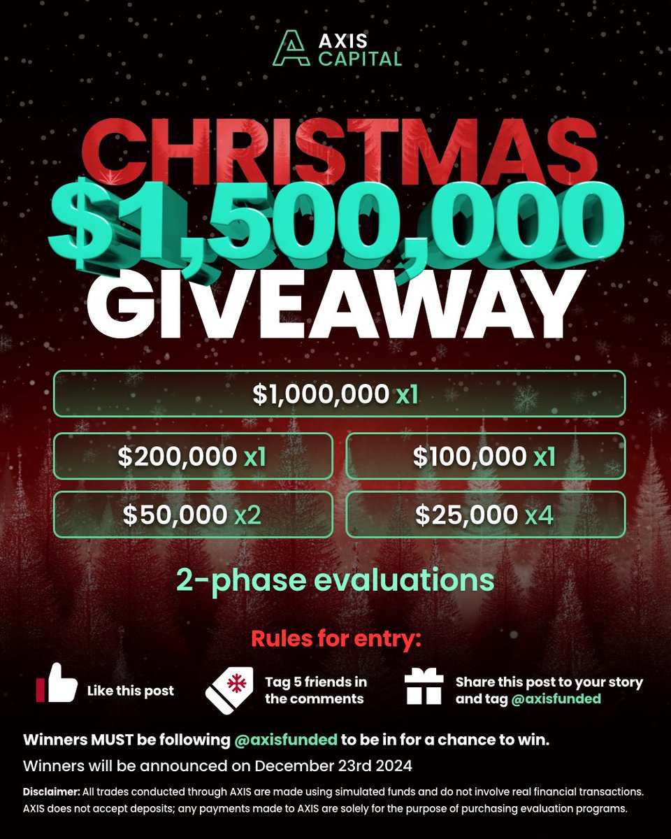 AxisFunded's tweet image. STOP SCROLLING!… THIS COULD BE YOUR SHOT AT $1,000,000! 💰

That’s right – we’re giving ONE lucky winner $1,000,000 in funding. But that’s not all…

Here’s the full prize breakdown:

* $1,000,000 x1 
* $200,000 x1 
* $100,000 x1 
* $50,000 x2 
* $25,000 x4 

Total Value:…