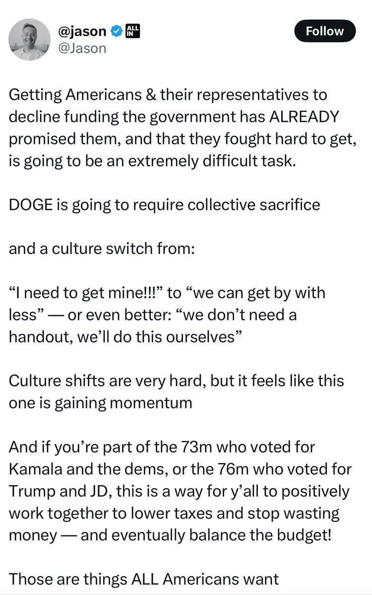 "DOGE is going to require collective sacrifice" so we can "lower taxes"? What sacrifice is DOGE going to demand of the  Silicon Valley rich guys who will benefit enormously from lower taxes?