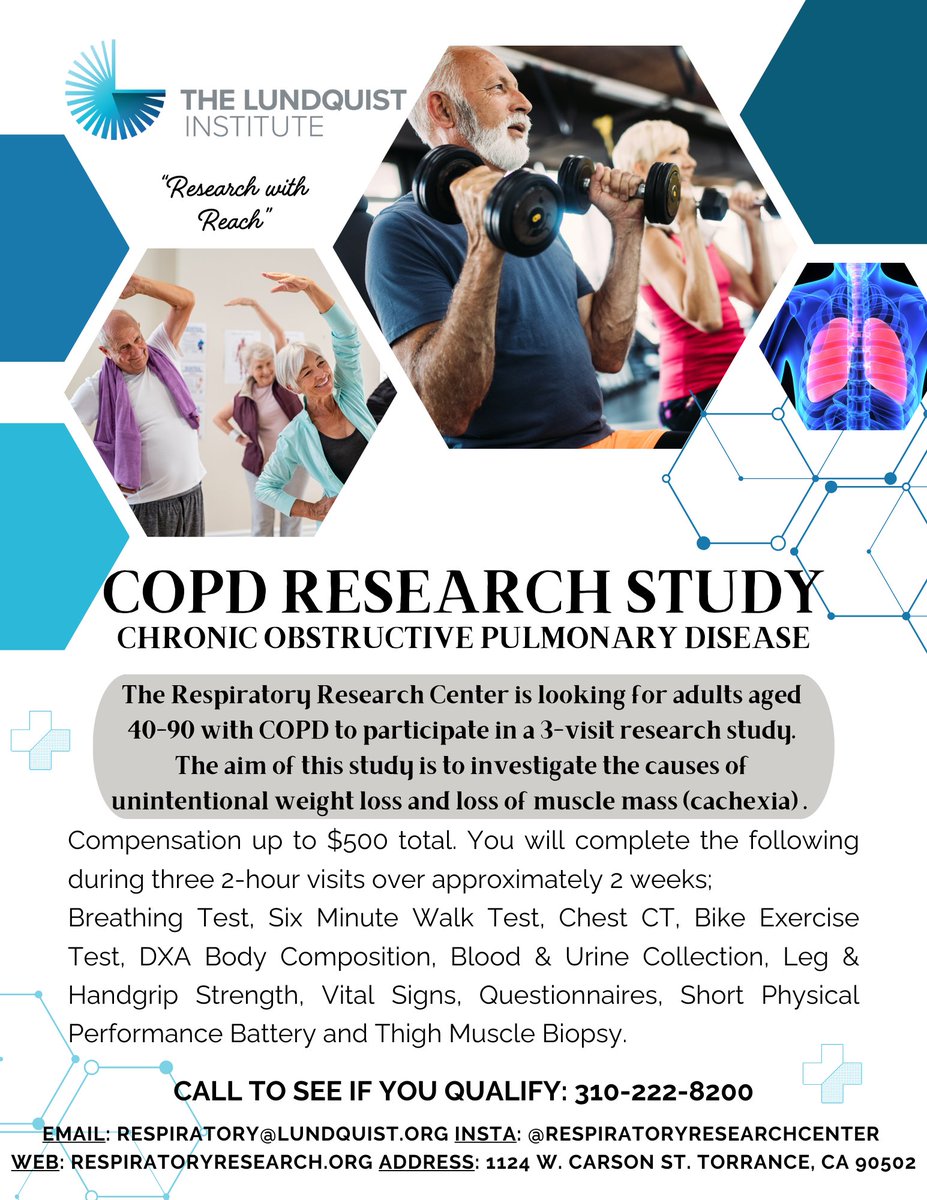 Check out our COPD CCELL Research Study! The aim of this study is to  investigate the causes of unintentional weight loss and loss of muscle mass.

#COPD #clinicaltrials #medicalresearch #respiratory #plumonary #COPDAwareness #HarborUCLA #UCLAhealth #Torrance #Research