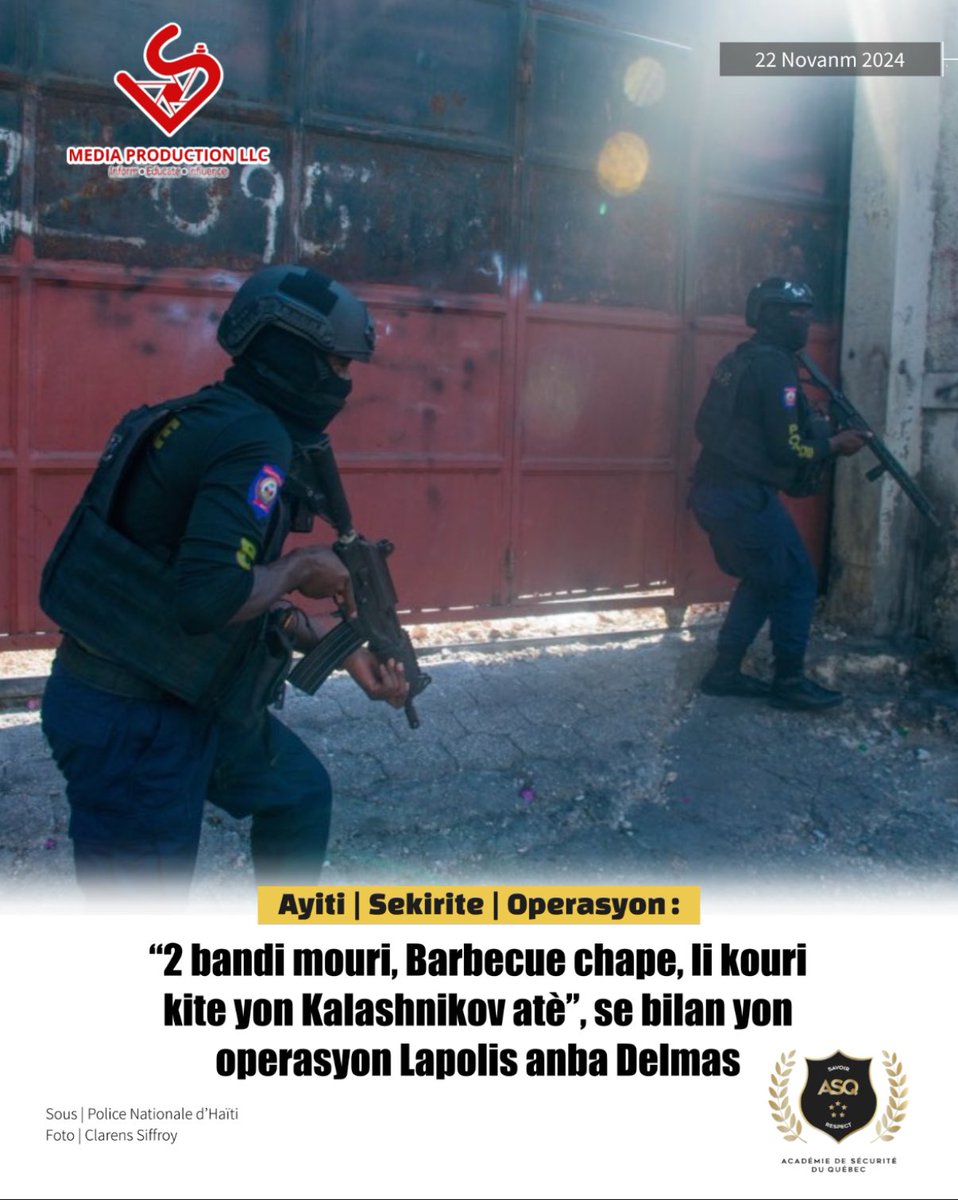 📌Nan yon nòt Direksyon Depatmantal Lwès Lapolis la mete deyò, jodi vandredi 22 novanm 2024 la, responsab yo fè konnen, 2 endividi ki tonbe yo se « Ti Chinay » ak « Ti Dyab », pandan echanj katouch ak fòs lòd yo, ayè jedi a. PNH la di, 2 bandi sa yo se manm aktif kowalisyon