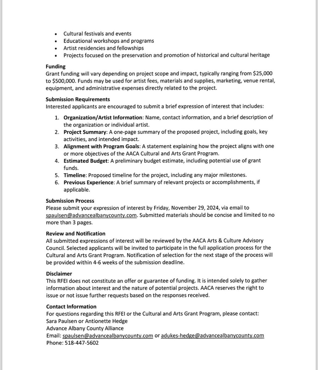 The Advance Albany County Alliance is now accepting preliminary applications for the AACA Cultural and Arts Grant Program! The program aims to promote cultural diversity, arts accessibility, and economic growth by expanding arts initiatives. 

🔗advancealbanycounty.com/news/82/AACA-C…