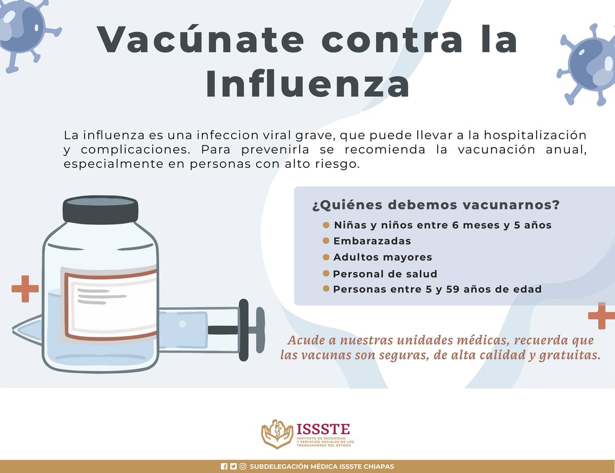 Acude con tu familia a tu unidad médica más cercana y vacúnate contra la #Influenza estacional, recuerda que las vacunas son seguras, gratuitas y de alta calidad.

¡No lo dejes pasar!

#ISSSTE #ISSSTEChiapas #ISSSTEContigo #ISSSTESalud