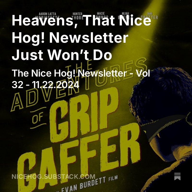 nicehogtweets's tweet photo. It’s a big day for The Nice Hog! Newsletter, y’all. TOMORROW we are dropping our short film THE ADVENTURES OF GRIP GAFFER. Get ready by reading this week’s newsletter - featuring new comics, weekend movie recommendations, a livestream VOD, hog headlines and more! https://t.co/GgD7OW6fuH