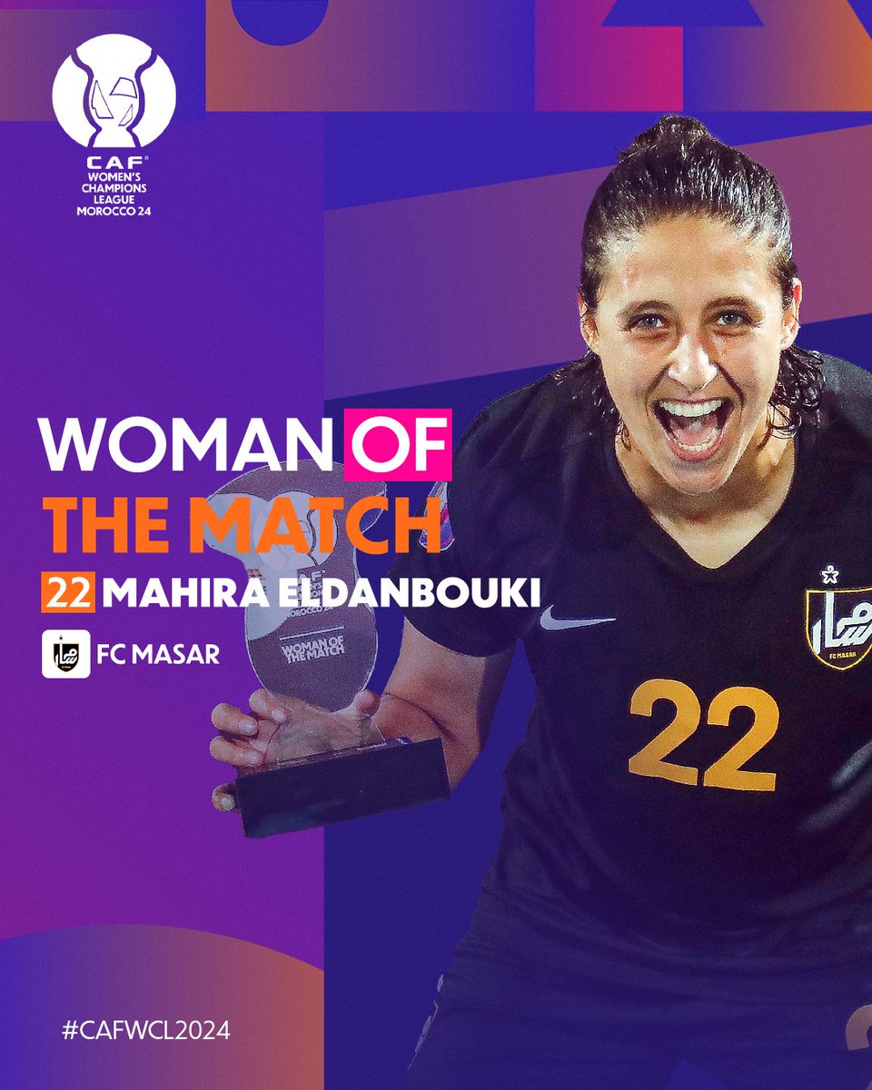 CAFwomen's tweet photo. Exceptional 90’ performance. 🏃‍♀️
Scoring winner penalty. ⚽️

FC Masar’s Mahira is the 3rd place game Woman of the Match winner! 🌟

#CAFWCL2024 https://t.co/taBrcIfrAv