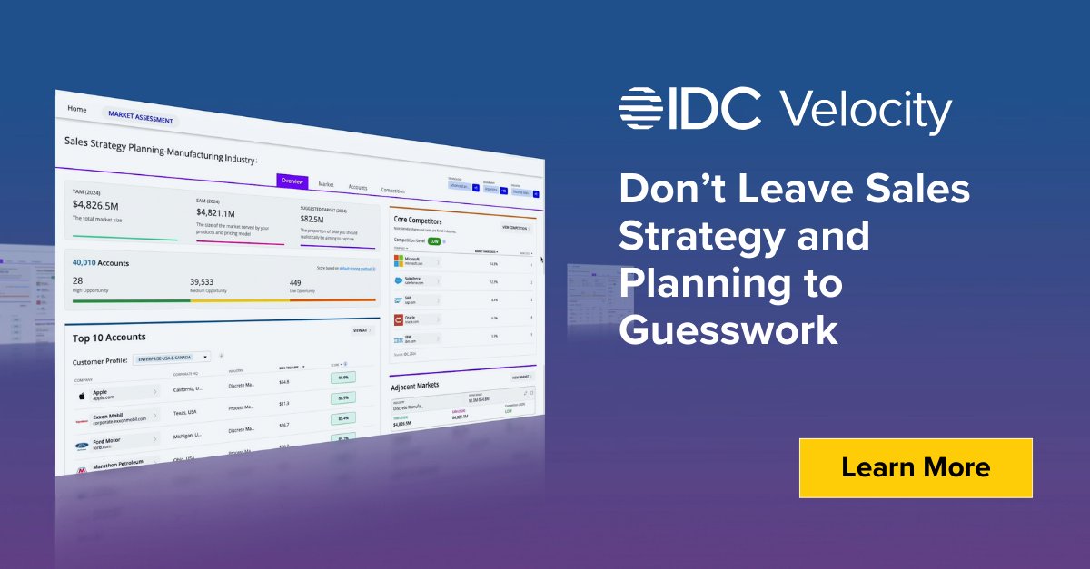 IDC's tweet image. IDC Velocity now integrates with Salesforce, giving your sales team an integrated view of their prioritized account targets. Learn more: ow.ly/w4ao50U9qp9
#salesforceintegration #TAM #SAM #SOM #targetaccounts #ICP #salesplanning #IDCVelocity