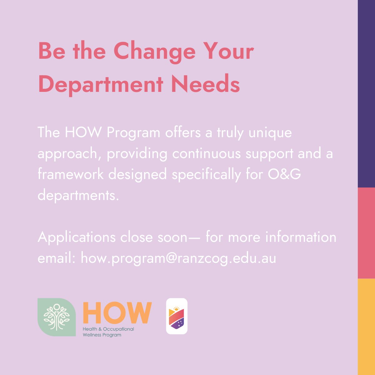 📣 RANZCOG invites all members, associates, and trainees to submit an Expression of Interest (EOI) for the opportunity to become a Health and Occupational Wellness (HOW) Program Advocate.  Submit your EOI by 29 November! ow.ly/9r2q50Ubw4K

#RANZCOG #HealthcareWellbeing