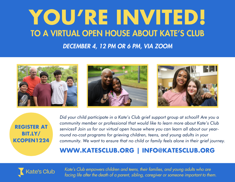 Did your child participate in a Kate's Club school group? Are you a community member or professional that would like to learn more about our #griefsupport services?

Register for our Virtual Open House on 12/4! ➡️ bit.ly/kcopen1224

#grief #georgianonprofit #atlnonprofit