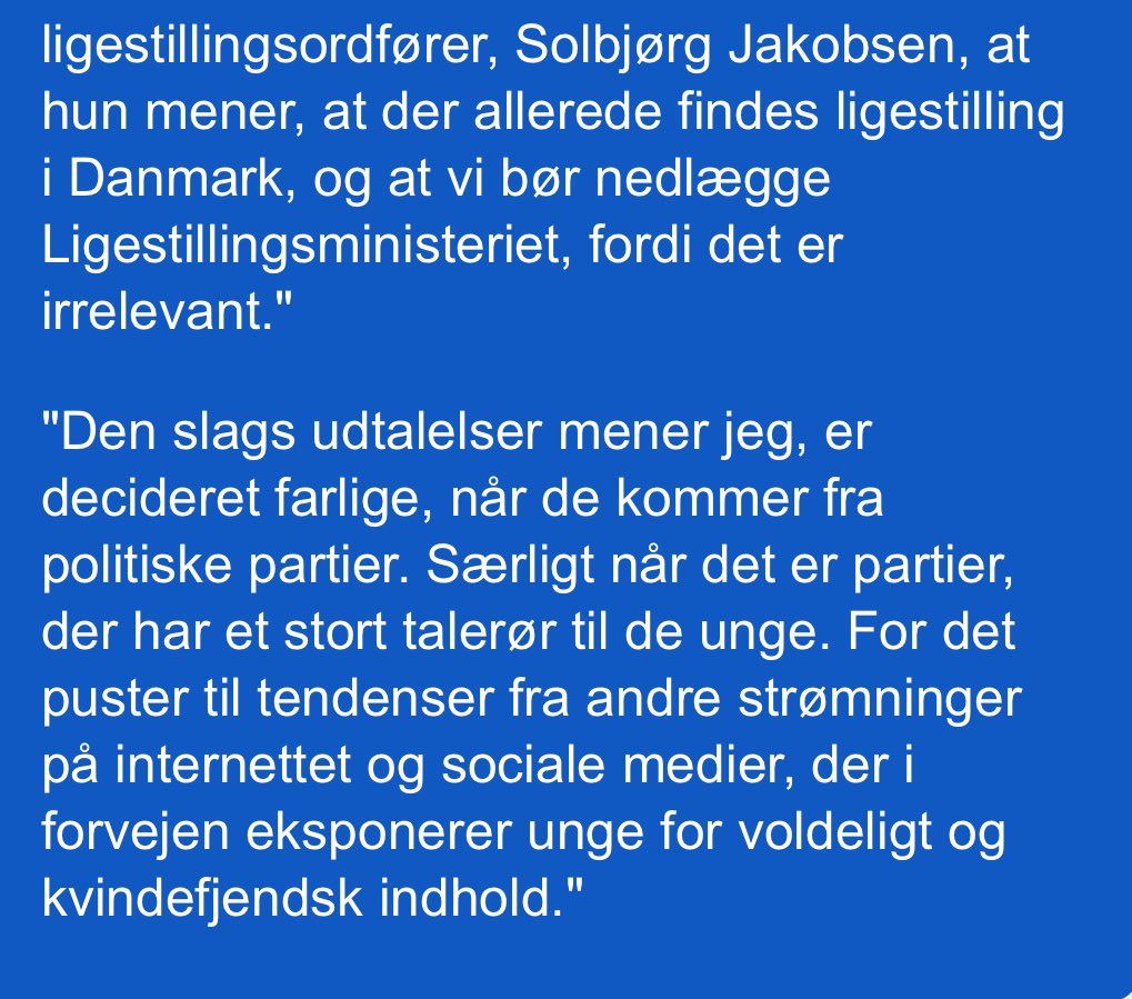 Det er ikke nyt, at <a href="/Spolitik/">Socialdemokratiet</a> ikke bryder sig om <a href="/LiberalAlliance/">Liberal Alliance</a> men når <a href="/PHummelgaard/">Peter Hummelgaard</a> mener <a href="/solbjorgLA/">Sólbjørg Jakobsen</a> puster til strømninger for vold og kvindefjendsk indhold på SoMe, blot fordi hun mener Ligestillingsministeriet er overflødigt, så er det i sandhed et nyt lavpunkt i #dkpol