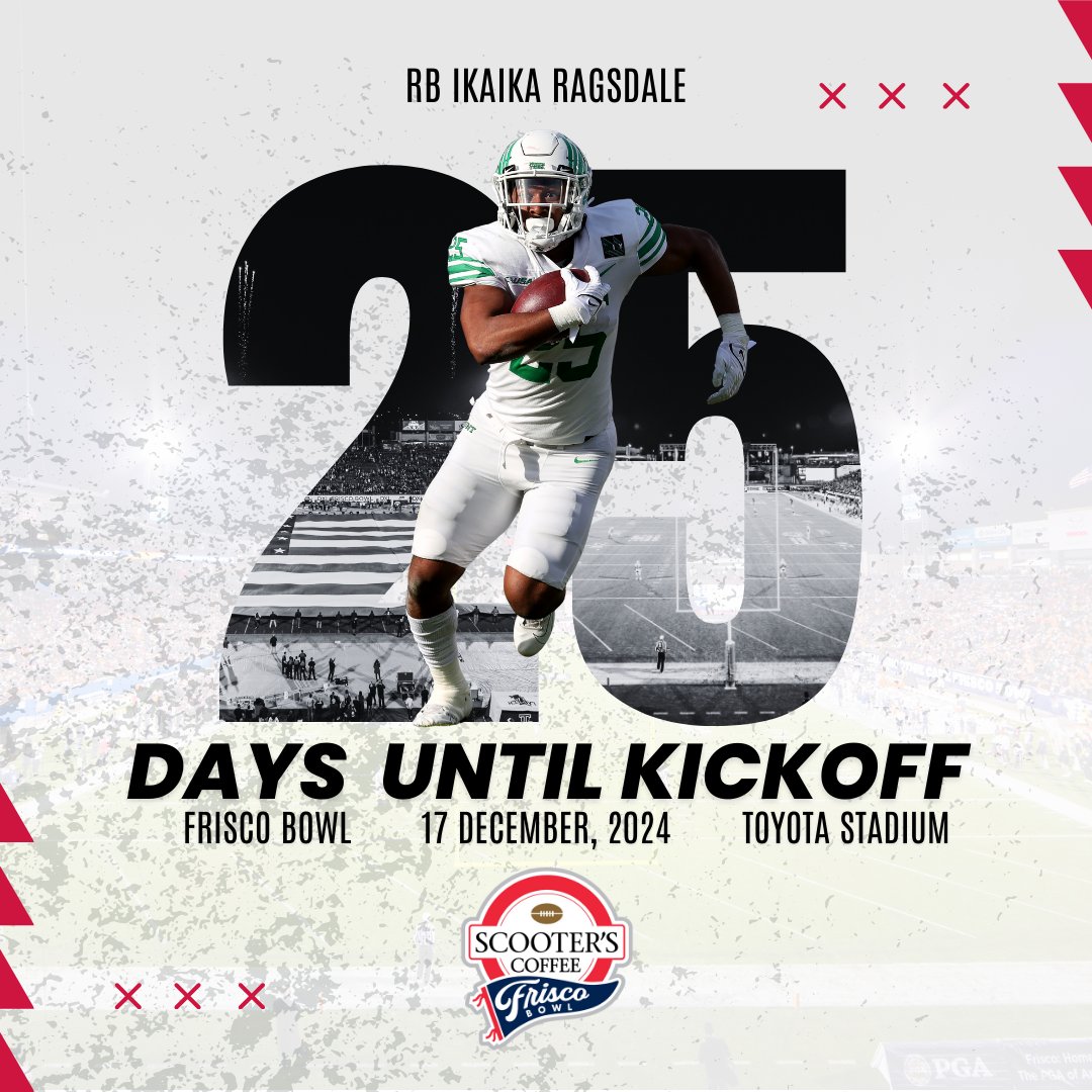 25 days until kickoff! To celebrate, we’re highlighting RB Ikaika Ragsdale from UNT, a member of the #FriscoBowl all-time second team. Mark your calendars for December 17th, 8:00 PM CT at Toyota Stadium in Frisco, Texas, airing on ESPN.

#CFB #UNT #GMG🦅 #BTB