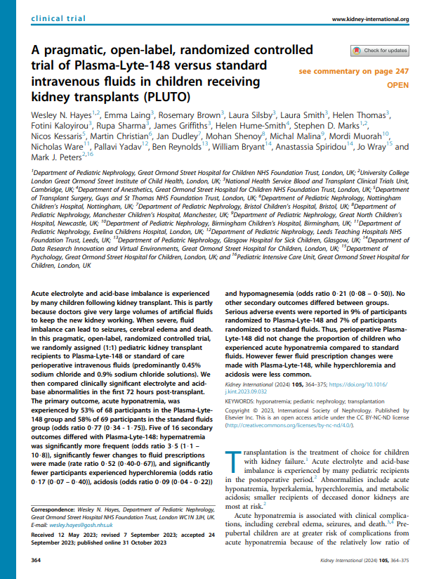 Edgar V. Lerma ๐ต๐ญ (@edgarvlermamd) on Twitter photo PLUTO: Perioperative Plasma-Lyte-148 did not change the proportion of children who experienced acute hyponatremia compared to standard fluids ca. 2024 from <a href="/Kidney_Int/">Kidney International</a>
#Nephpearls
๐ pubmed.ncbi.nlm.nih.gov/37914088/ PLUTO: Perioperative Plasma-Lyte-148 did not change the proportion of children who experienced acute hyponatremia compared to standard fluids ca. 2024 from <a href="/Kidney_Int/">Kidney International</a>
#Nephpearls
๐ pubmed.ncbi.nlm.nih.gov/37914088/