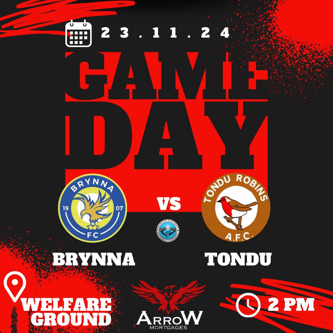 Tondu Robins AFC (@tondurobins) on Twitter photo 💥GAME DAY!💥
📆 Saturday 23rd November 2024
🏆 <a href="/LeagueBrid29086/">Bridgend & District Football League</a> Division 1
🆚 <a href="/FCBrynna/">Brynna Football Club</a>
🏟️ Welfare Ground
⚽ 2PM Kick Off
❤Uppa Robins!🖤
🔴Robins Match Sponsors <a href="/ArroWmortgages/">ArroW Mortgages</a>⚫️ 💥GAME DAY!💥
📆 Saturday 23rd November 2024
🏆 <a href="/LeagueBrid29086/">Bridgend & District Football League</a> Division 1
🆚 <a href="/FCBrynna/">Brynna Football Club</a>
🏟️ Welfare Ground
⚽ 2PM Kick Off
❤Uppa Robins!🖤
🔴Robins Match Sponsors <a href="/ArroWmortgages/">ArroW Mortgages</a>⚫️