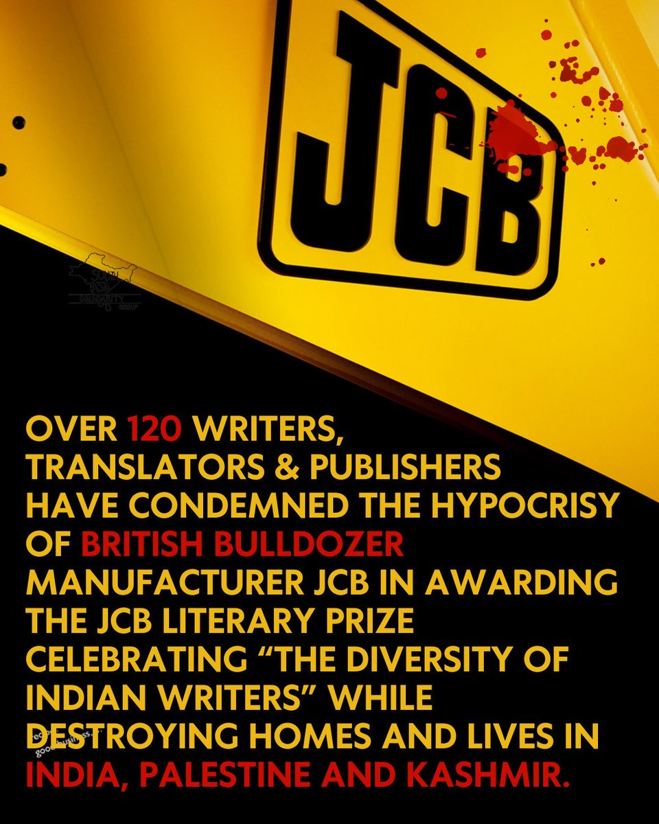 1/ Ahead of the announcement of the JCB Literature Prize winner for 2024 in India, sponsored by British owned bulldozer manufacturer #JCB,  more than 120 writers and translators have signed an open letter condemning its hypocrisy: