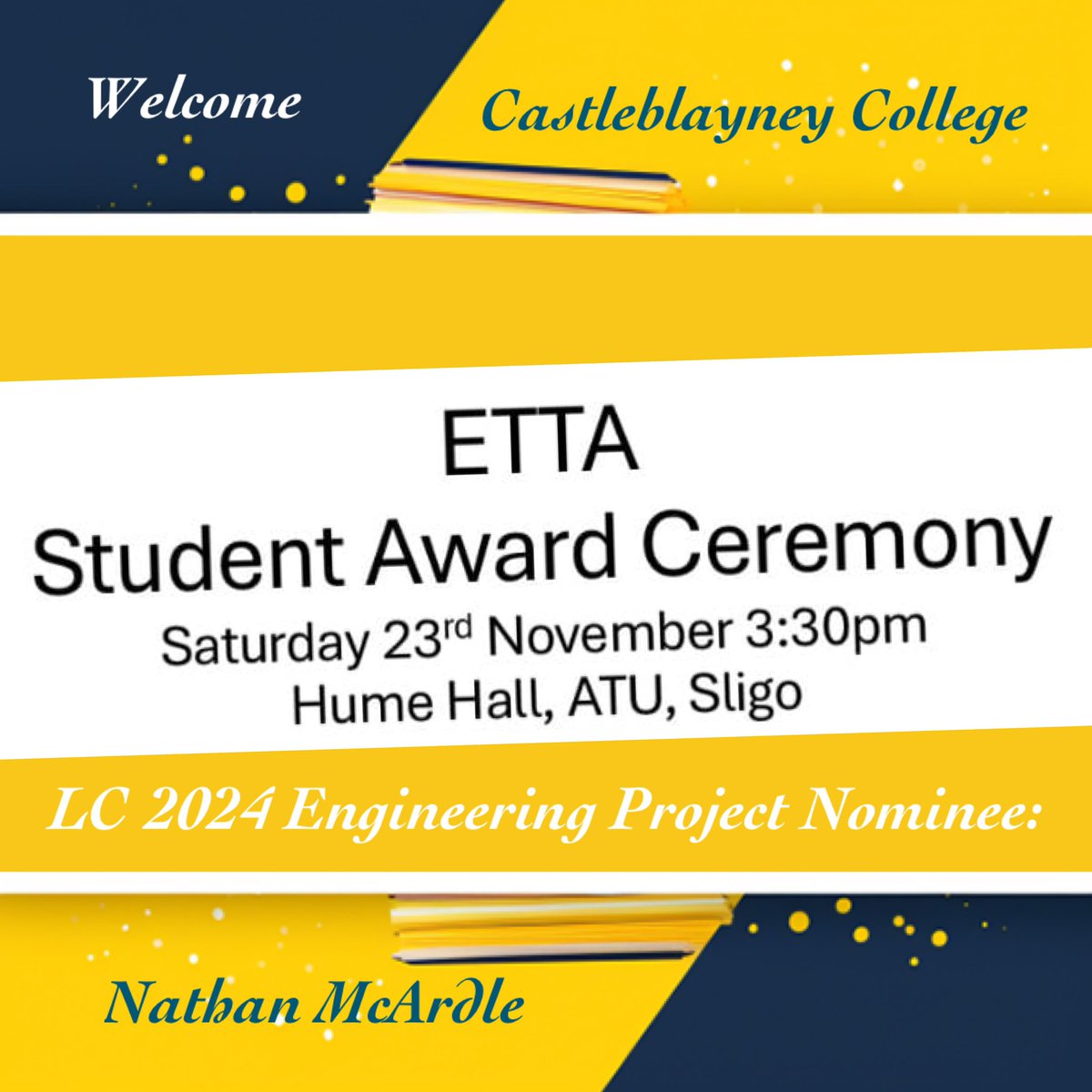 CastleblayneyCollege (@cblayneycollege) on Twitter photo Best of luck to past pupil Nathan McArdle, and his #LC2024 Engineering project representing #CBC in the Engineering Technology Teachers Association National Conference this weekend <a href="/atusligo_ie/">ATU Sligo</a> #Engineering #ETTAConference <a href="/ettaireland/">The E.T.T.A</a> <a href="/CavMonETB/">Cavan and Monaghan Education and Training Board</a> Best of luck to past pupil Nathan McArdle, and his #LC2024 Engineering project representing #CBC in the Engineering Technology Teachers Association National Conference this weekend <a href="/atusligo_ie/">ATU Sligo</a> #Engineering #ETTAConference <a href="/ettaireland/">The E.T.T.A</a> <a href="/CavMonETB/">Cavan and Monaghan Education and Training Board</a>