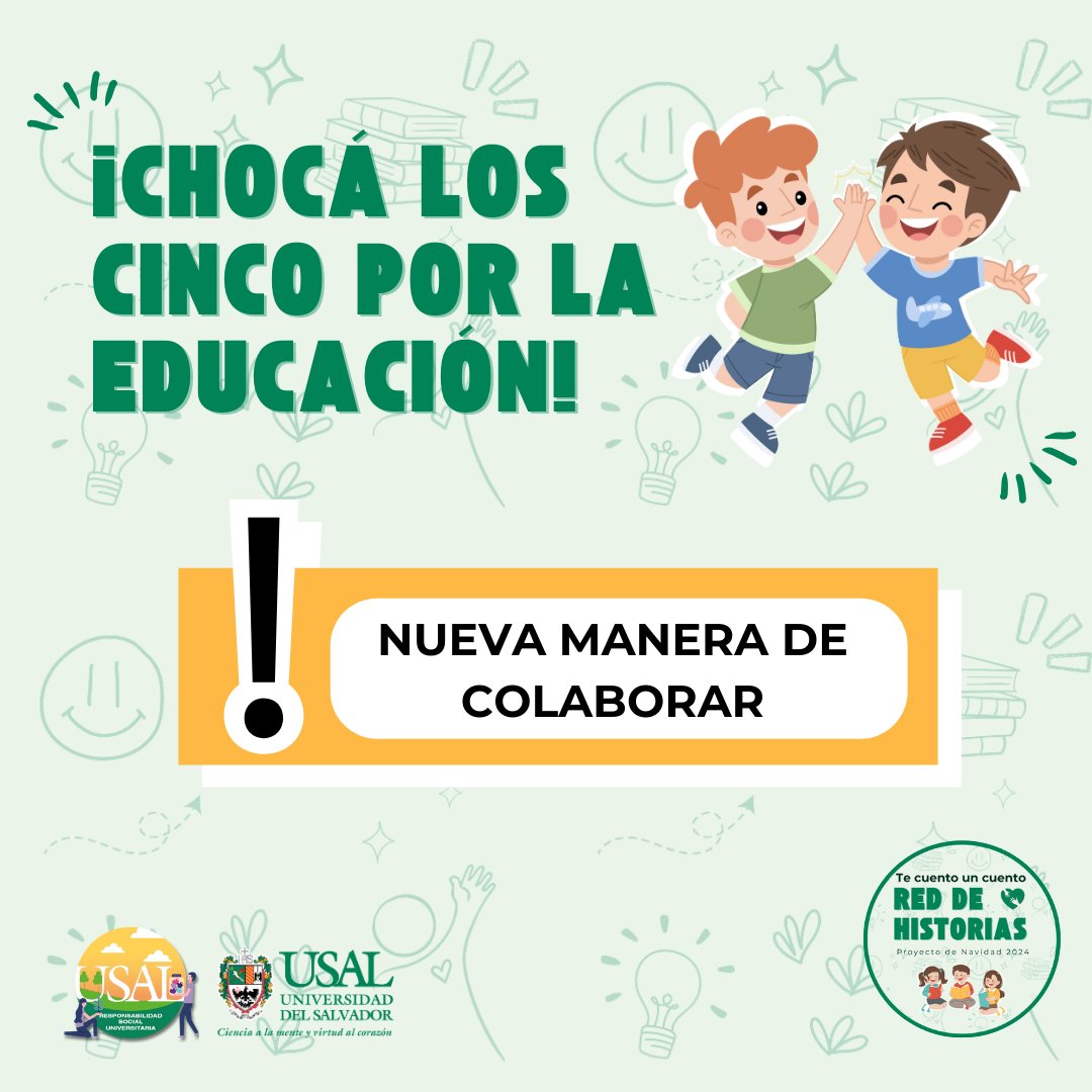 "¡Chocá los cinco por la educación! 📚✋ Con solo $5.000, colaborás con medio libro y ayudás a construir un futuro mejor. 🌟❤️

…ilidadsocialuniversitaria.usal.edu.ar/es/te-cuento-u…