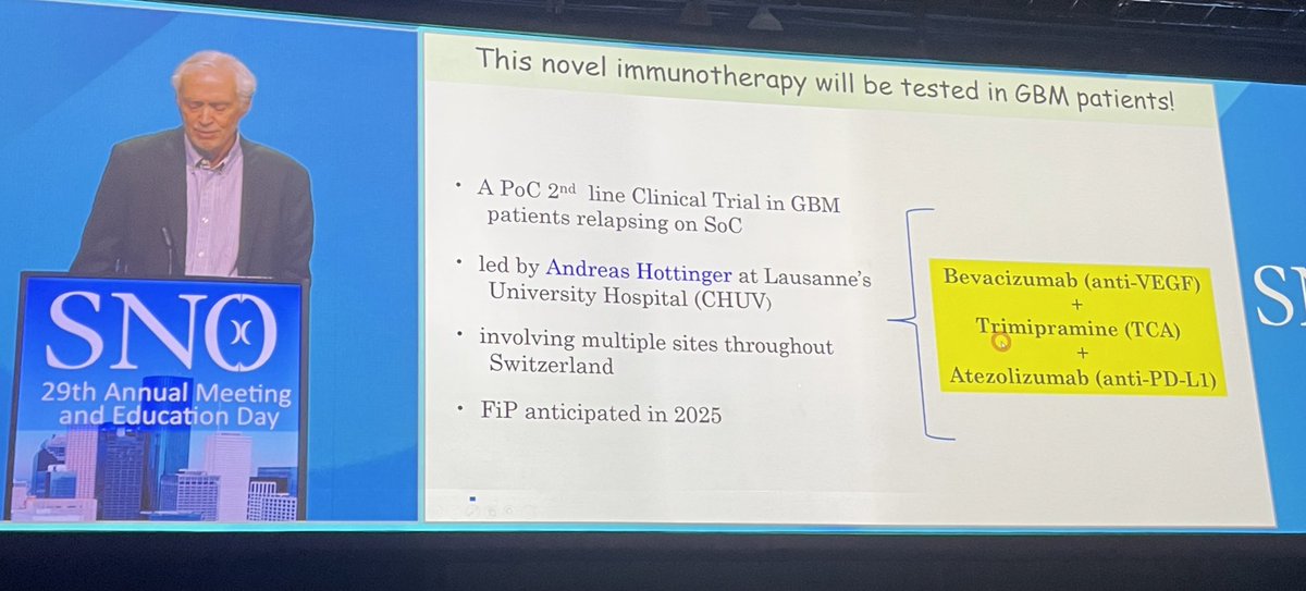 JasminJoMD's tweet photo. Exciting preclinical data on the utility of antiVEGF + tricyclic antidepressants + anti PD-L1 in GBM presented by distinguished professor Dr. Hanahan #SNO2024 https://t.co/GChF4XcJH1