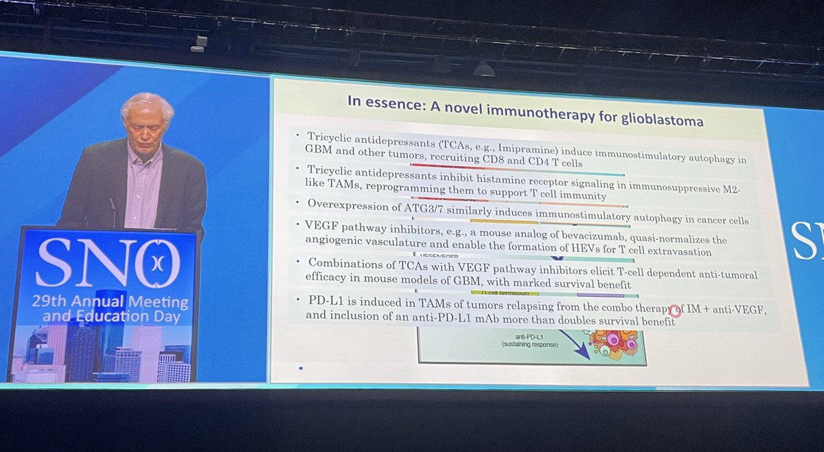 JasminJoMD's tweet photo. Exciting preclinical data on the utility of antiVEGF + tricyclic antidepressants + anti PD-L1 in GBM presented by distinguished professor Dr. Hanahan #SNO2024 https://t.co/GChF4XcJH1