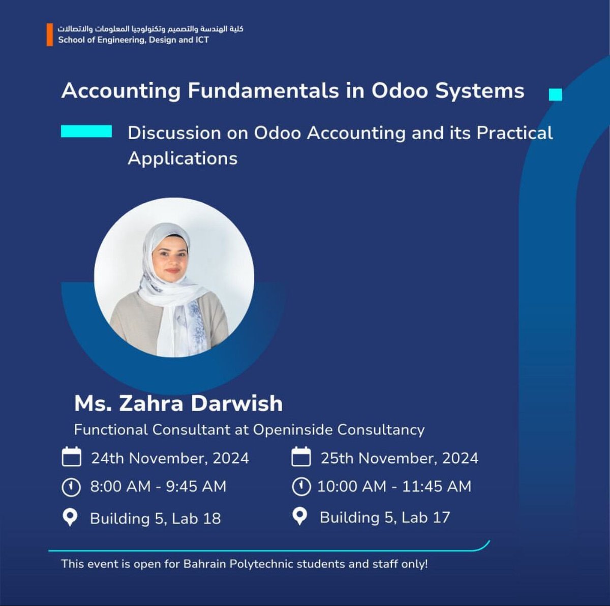 Openinside_co's tweet photo. Zahraa Darwish, one of Openinside’s leading functional consultants, will deliver a lecture at @Bahrainpolytechnic for students and staff. The session will highlight how the @Odoo system enables businesses to streamline their processes and enhance efficiency.
  
Don’t miss it!👏🏻
# https://t.co/68PyzBF5GO