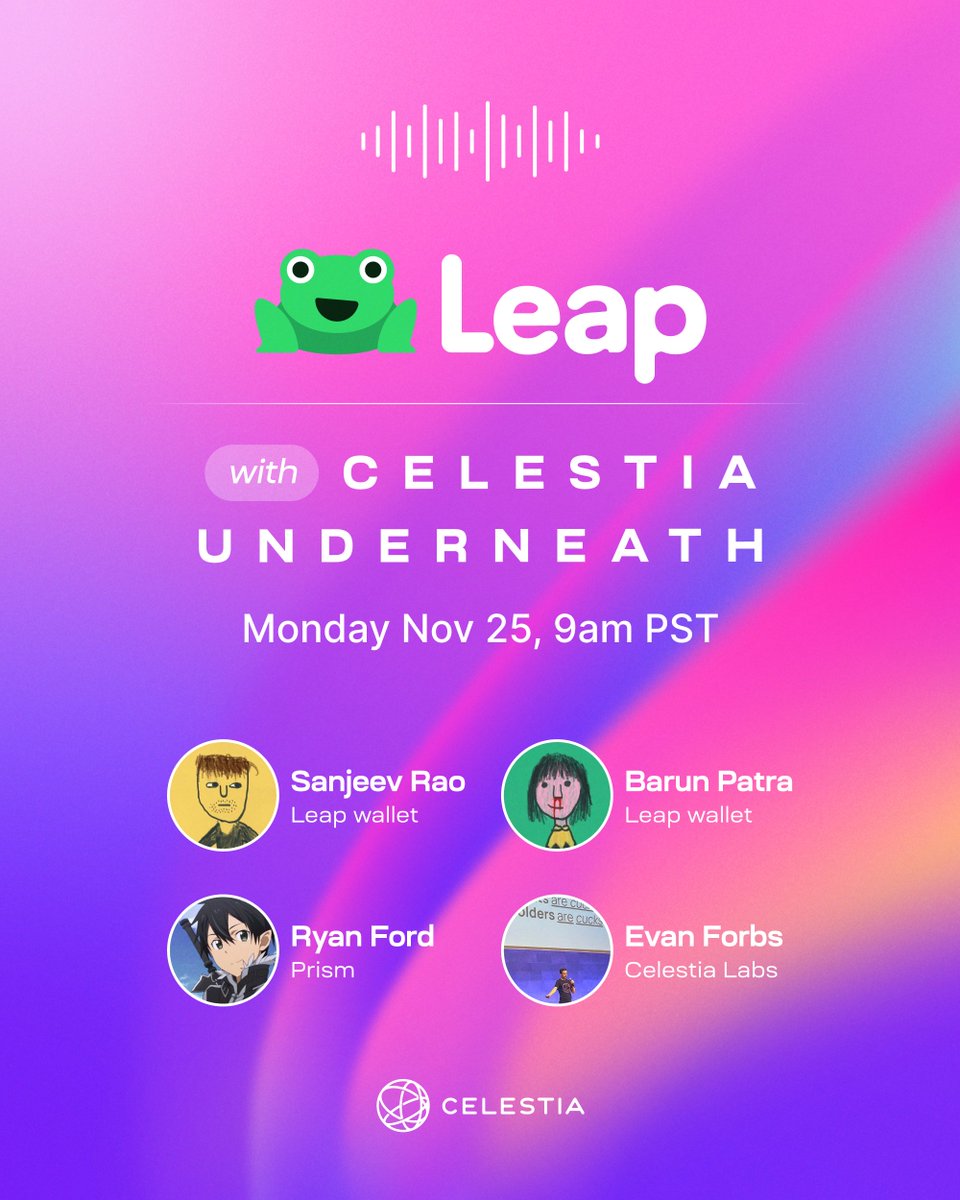 Celestia 🦣 (@celestia) on Twitter photo 🐸 <a href="/leap_wallet/">Leap Wallet</a> just announced the first Celestia light node integrated directly into a wallet.
Let’s chat about it with <a href="/asanjeevrao/">Sanjeev Rao</a>, <a href="/sofewaalaaloo/">Barun</a>, <a href="/distractedm1nd/">ryan</a>, and <a href="/evansforbes/">zkFART 🦣</a>.
Tune in Monday 9am PST for the X Space. ⏰
x.com/i/spaces/1ZkKz… 🐸 <a href="/leap_wallet/">Leap Wallet</a> just announced the first Celestia light node integrated directly into a wallet.
Let’s chat about it with <a href="/asanjeevrao/">Sanjeev Rao</a>, <a href="/sofewaalaaloo/">Barun</a>, <a href="/distractedm1nd/">ryan</a>, and <a href="/evansforbes/">zkFART 🦣</a>.
Tune in Monday 9am PST for the X Space. ⏰
x.com/i/spaces/1ZkKz…