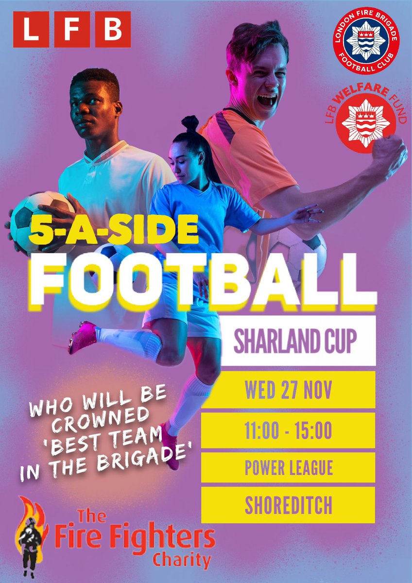 LFBfootballclub's tweet photo. Next week 

The Sharland cup

We host the first @LondonFire wide 5 aside competition at @powerleagueUK Shoreditch 

seeing teams from operational station and HQ department face off to be crowded the Best team in the London fire brigade.

In partnership with @LFBWelfareFund and our amazing Charity @firefighters999 

Thank you to our amazing rep @MsClareDelaney 

#FireFamilyFundraiser
 @Awards_FC_ @WalkandTalk999