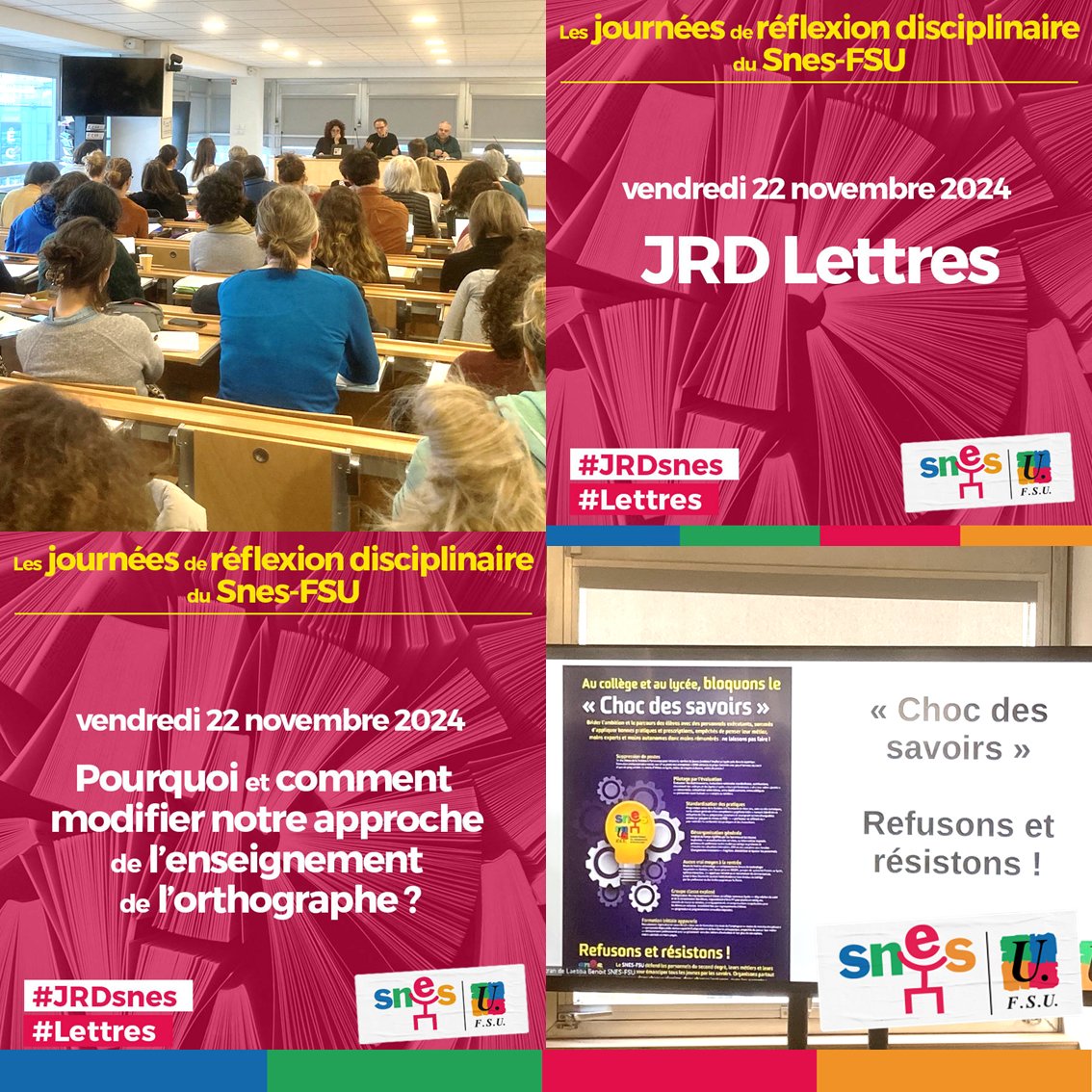 SNESFSU's tweet photo. 150 collègues pour cette #JRDsnes #Lettres 2024 sur le thème de l'orthographe ! Un moment d'échanges et de réflexion sur le métier, les programmes, les réformes...
Avec Danièle Cogis et Christophe Benzitou, chercheuse et chercheur en linguistique
➡️https://t.co/0nh6cBYA7i https://t.co/3Lxe1qBTyI